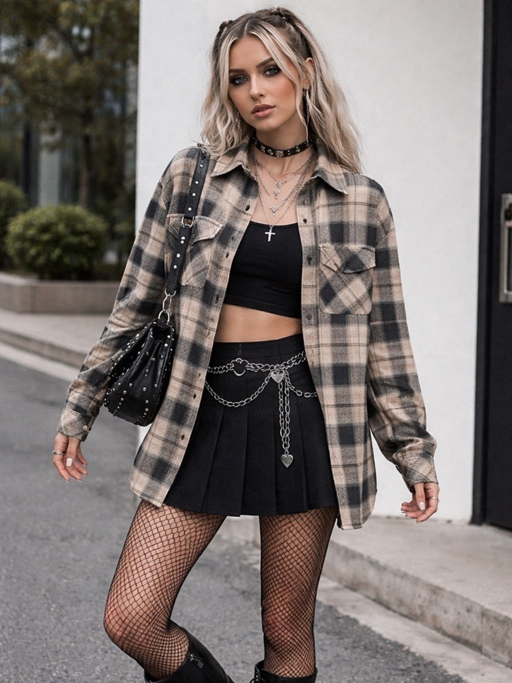 Women's Grunge Aesthetic Plaid Flannel Shirt brown, black, and white